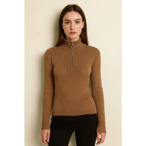 Women's H&M Brown Ribbed Half-Zip Turtleneck Sweater, Size L